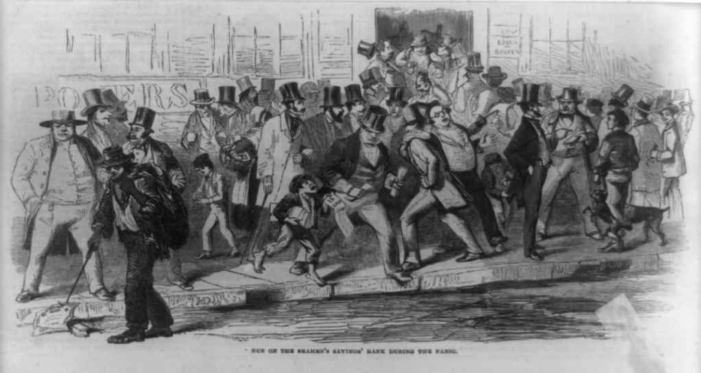 An illustration depicting a chaotic scene outside a bank during a financial panic, featuring men in top hats and various individuals in distress.