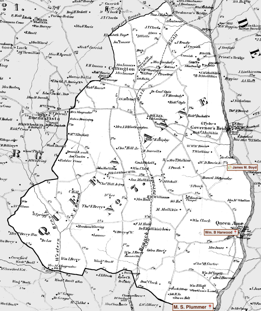 A historical map showing locations associated with William B. Harwood, James M. Boyd, and M. S. Plummer in Queen Anne and surrounding areas.