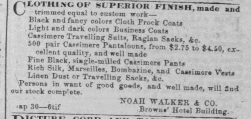 Advertisement for clothing showcasing various items like cloth frock coats, cassimere suits, and pants, highlighting quality and prices.