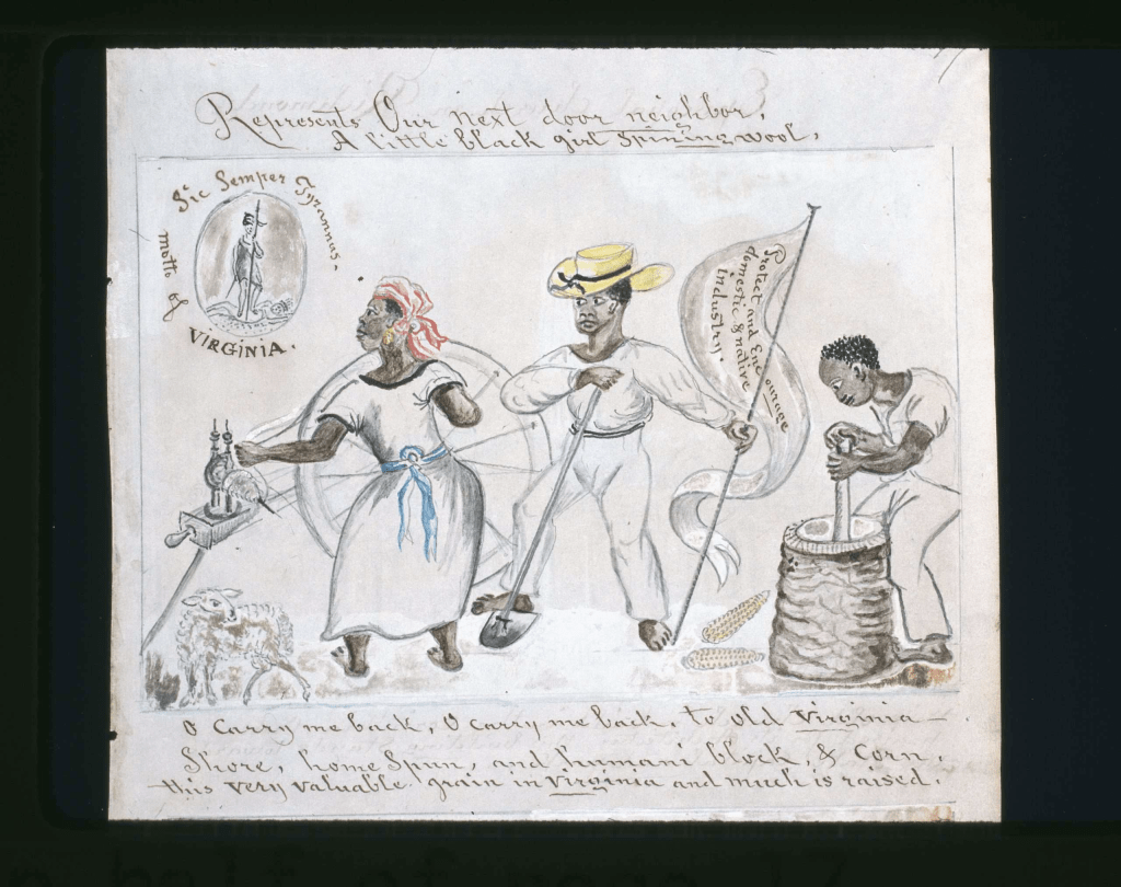 A historical illustration depicting three individuals engaged in agricultural work, highlighting aspects of labor and the home economy in Virginia. The figures are shown spinning wool, grinding corn, and using traditional tools, symbolizing the hard work and industry of the time by enslaved people