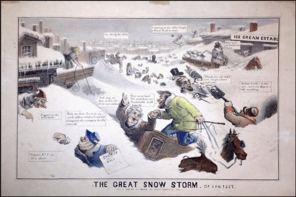 A colorful cartoon depicting various characters navigating through a heavy snowstorm, featuring humorous dialogue and activities such as getting milk, selling ice cream, and discussing snowdrifts.
